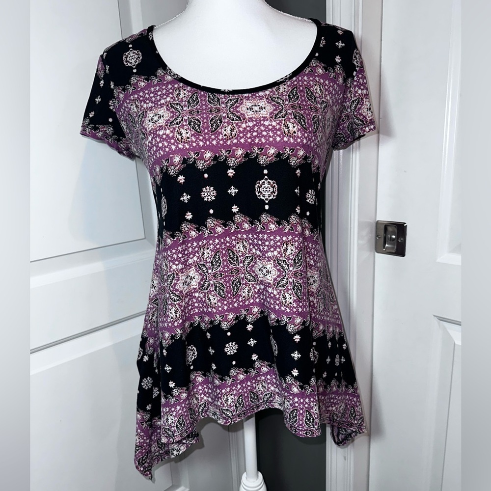 Wilde Purple Black Boho Handkerchief Hem Tunic Top Size S